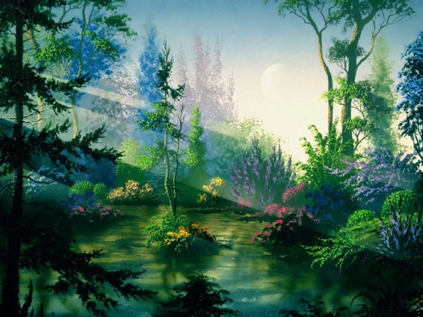 Magia lasu, drzewa, kwiaty, promienie słońca Tapeta HD