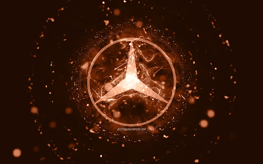 Mercedes-Benz braunes Logo, braune Neonlichter, kreativer, brauner abstrakter Hintergrund, Mercedes-Benz Logo, Automarken, Mercedes-Benz HD-Hintergrundbild