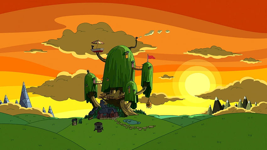 Casas da natureza do pôr do sol do Cartoon Network, Adventure Time Treehouse papel de parede HD