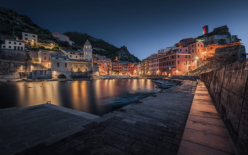 Vernazza, akşam, Gün batımı, liman, Vernazza panoraması, Vernazza şehir manzarası, Cinque Terre, Liguria, İtalya HD duvar kağıdı
