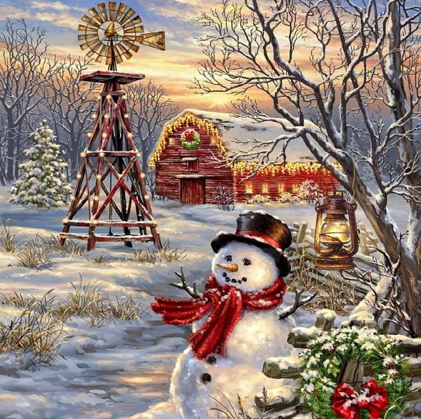 クリスマス風車、休日、風車、花輪、絵画、愛の四季、雪だるま、クリスマス ツリー、クリスマス、雪、農場、クリスマスと正月、提灯 高画質の壁紙