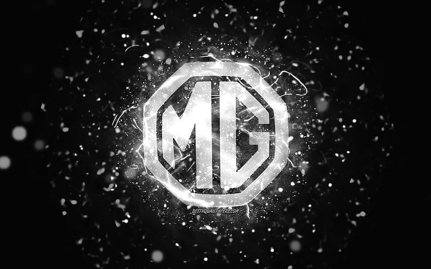 Weißes MG-Logo, weiße Neonlichter, kreativer, schwarzer abstrakter Hintergrund, MG-Logo, Automarken, MG HD-Hintergrundbild