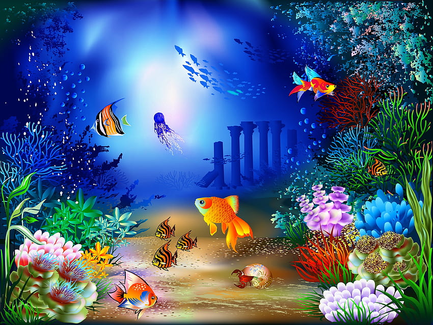 Underwater world, sea, colorful, shells, deep, underwater, fish, corals, water, ocean HD wallpaper
