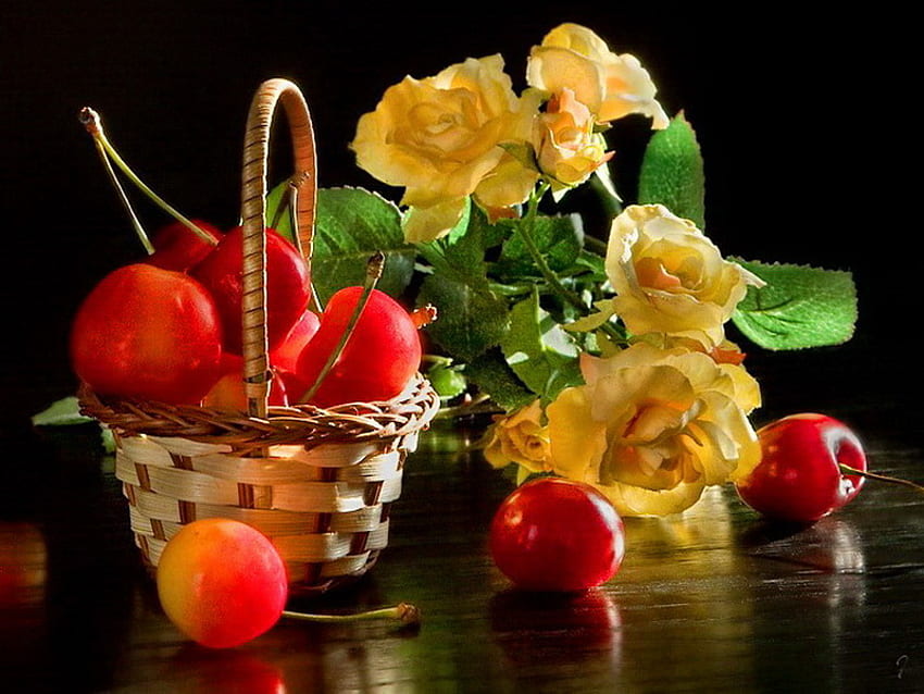 Still life, basket, roses, yellow, cherries, fruits HD wallpaper
