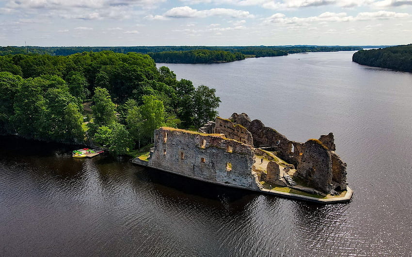 Ruínas do Castelo na Letônia, aérea, rio, ruínas, Daugava, Letônia, castelo papel de parede HD