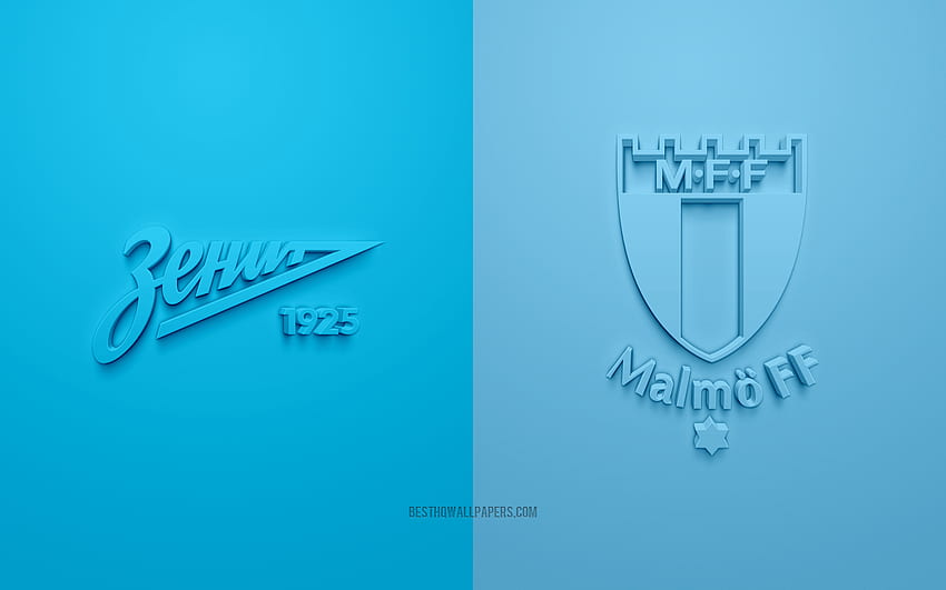 FC Zenit vs Malmo FF, 2021, Liga de Campeones de la UEFA, Grupo Н, logotipos 3D, azul, Liga de Campeones, partido de fútbol, ​​Liga de Campeones 2021, FC Zenit, Malmo FF fondo de pantalla
