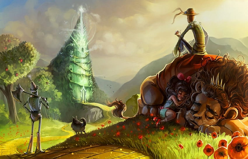 The Wizard of Oz, Tin Man, Emerald City, Scarecrow, yellow brick road, Dorothy, Cowardly Lion HD wallpaper