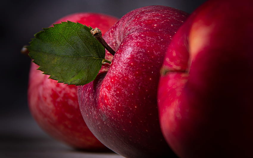 赤いリンゴ、マクロ、熟した果物、ビタミン、健康食品、果物、接写 高画質の壁紙