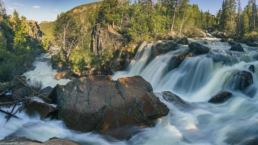 Popo Agie River, Popo Agie Wilderness, Wyoming, landscape, trees, waterfall, cascades, sky, rocks, usa, mountain HD wallpaper