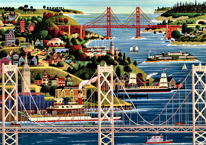 Bridges of San Francisco, San Francisco, architecture, graphy, art, landscape, USA, beautiful, cityscape, illustration, artwork, scenery, wide screen, painting, bridge, , California HD wallpaper