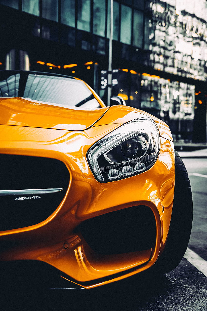 Gelbes Auto, Mercedes, Scheinwerfer HD-Handy-Hintergrundbild