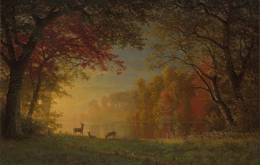 forest, landscape, nature, art, deer, Albert Bierstadt, Albert Bierstadt, Indian Sunset - Deer by a Lake for , section живопись HD wallpaper