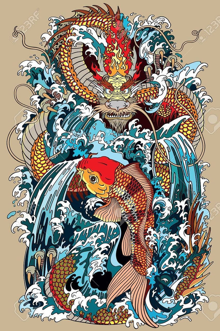 goldener drachen- und koi-karpfenfisch, der versucht, das zu erreichen. Drachenillustration, japanische Tätowierungskunst, Drachentätowierungsskizze HD-Handy-Hintergrundbild