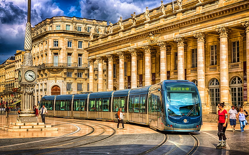 Bordeaux, R, square, summer, french cities, clock, tram, France, Europe HD wallpaper