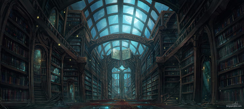 Bibliotheksbuch der Bibliotheken. Mythenwald, verzauberte Bibliothek HD-Hintergrundbild