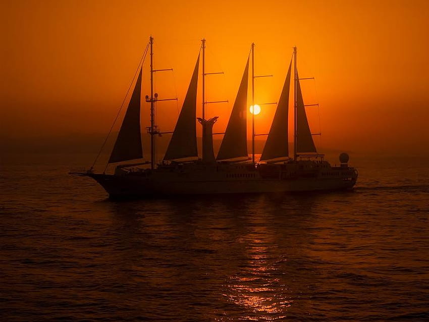 Sailboats, sea, red, nature, sailboat, water, sunset HD wallpaper
