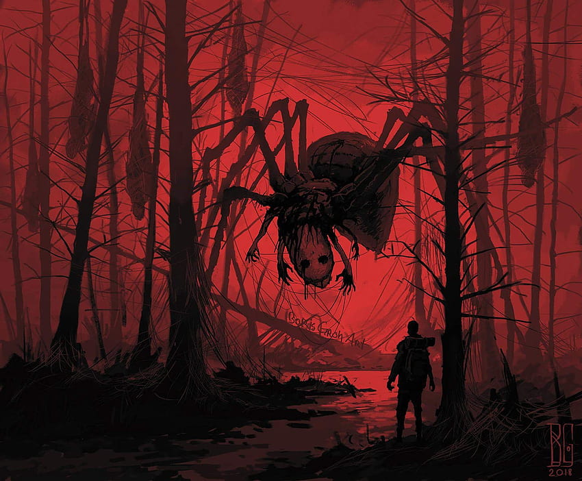 오싹한 거미 공포의 숲 다크 보리스 그로 레드 디지털 아트 - 해상도:, 무서운 레드 HD 월페이퍼