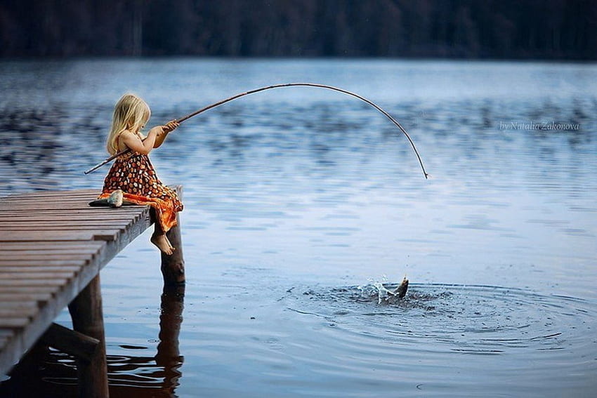 GONE FISHING、女の子、魚、釣り、湖 高画質の壁紙