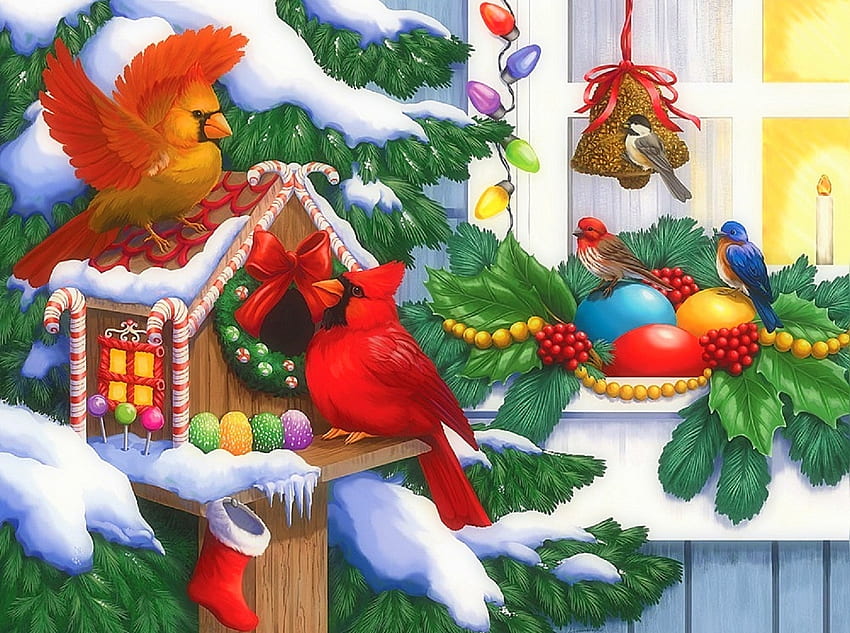 Dom na święta, zima, wakacje, ptaki, Nowy Rok, ferie zimowe, atrakcje w snach, ptaszarnia, miłość cztery pory roku, Boże Narodzenie, śnieg, Boże Narodzenie i Nowy Rok, kardynałowie Tapeta HD