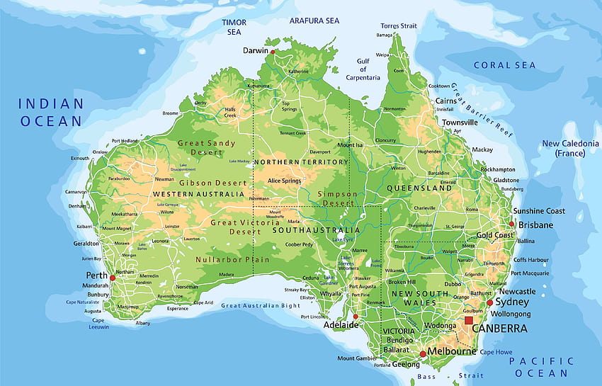 Karte von Australien, , geografische Karte HD-Hintergrundbild