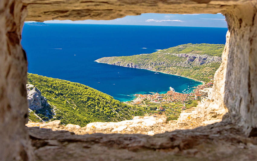 Vis, Croatian island, Adriatic Sea, view from the mountains, resort, summer, travel, Croatia HD wallpaper