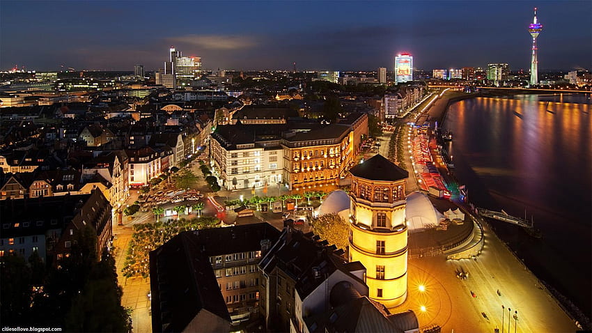 Düsseldorf สีสันเมืองเยอรมัน ทิวทัศน์ยามค่ำคืนที่สวยงาม เยอรมนี วอลล์เปเปอร์ HD