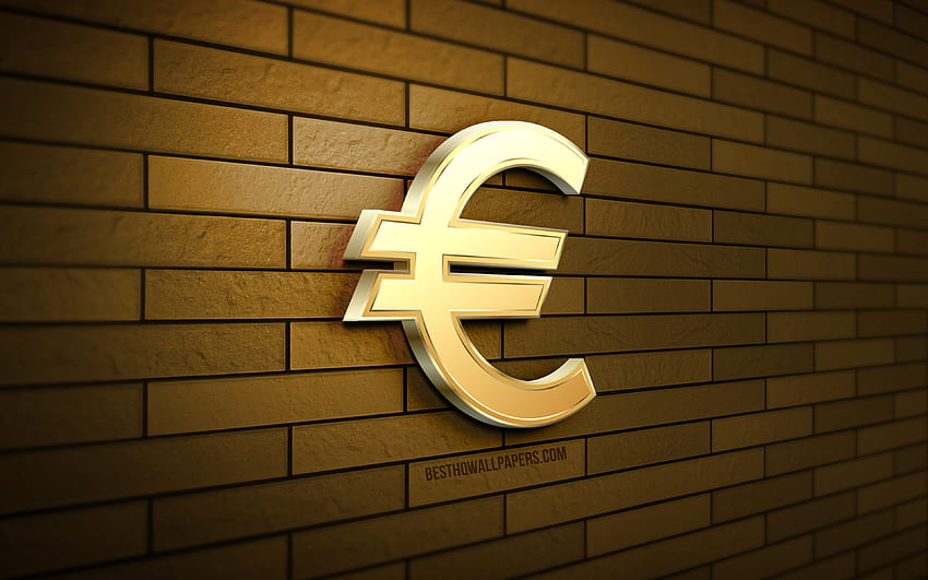 Златен знак за евро, , жълта тухлена стена, креативно, валута, знак за евро 3D, знак за евро, 3D изкуство, евро HD тапет