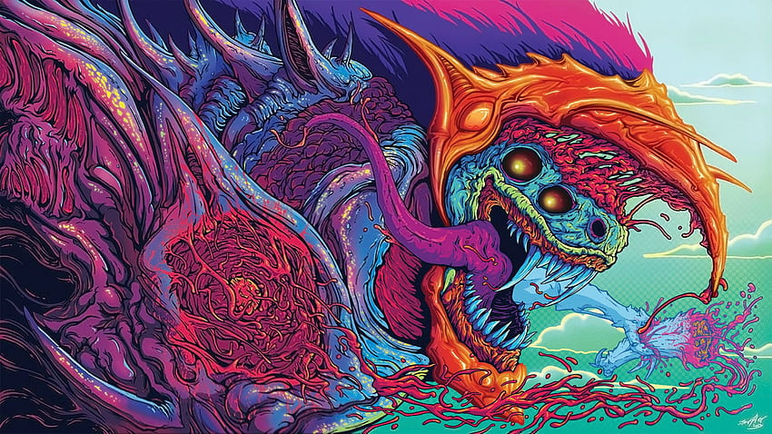 Ilustrasi monster burung merah muda dan biru, psikedelik, Makhluk Abstrak Wallpaper HD