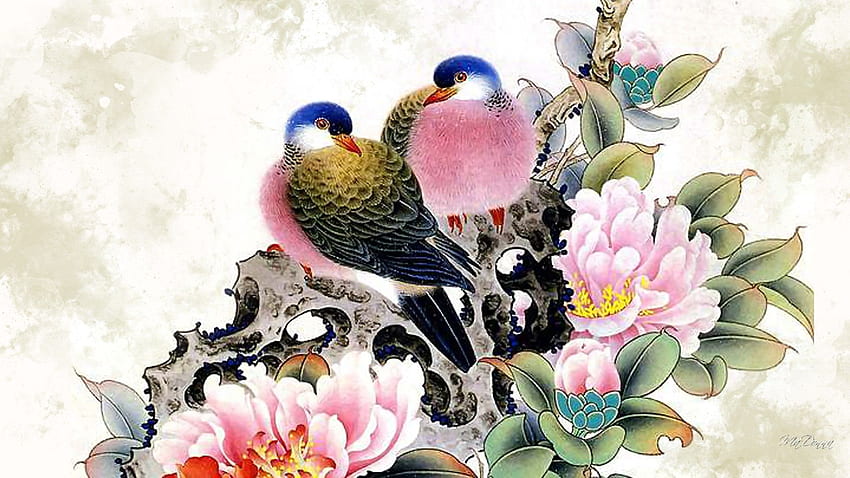 Birds Chinese Oriental Painting Artistic Peonies China Art Bird HD wallpaper