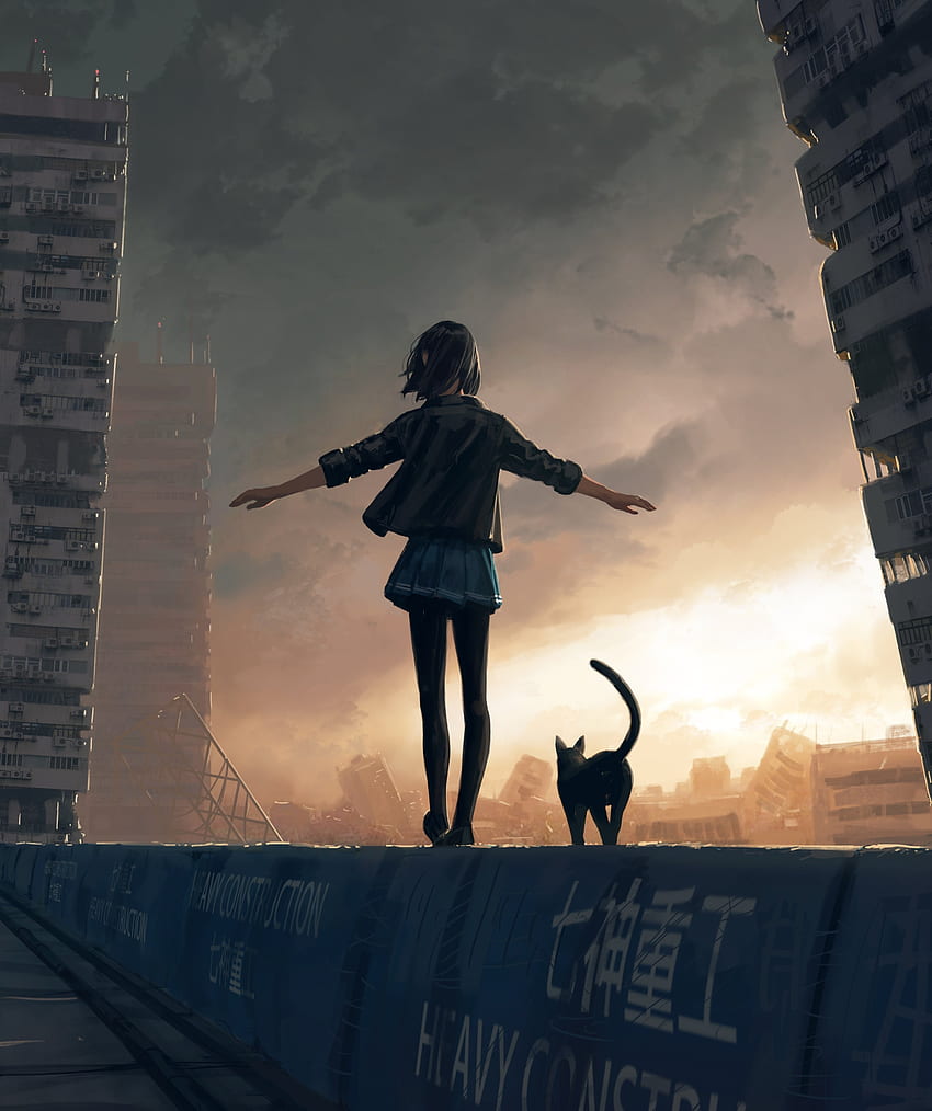 Berjalan dengan anak kucing, gadis anime, asli wallpaper ponsel HD