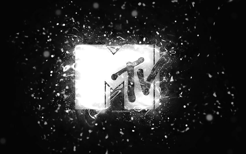MTV white logo, , white neon lights, creative, black abstract background, Music Television, MTV logo, brands, MTV HD wallpaper