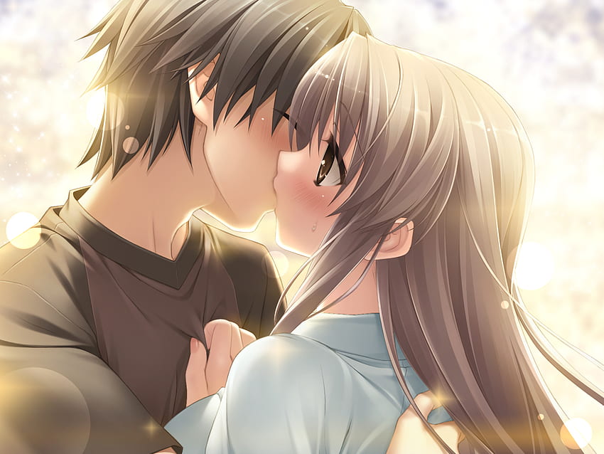 Linda pareja de anime besándose, beso de dibujos animados fondo de pantalla