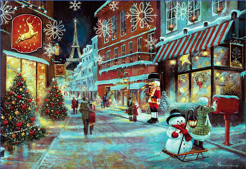 Noël à Paris, décoration, tour eiffel, noël, arbres, rue, gens, maisons, bonhomme de neige, oeuvre, peinture Fond d'écran HD