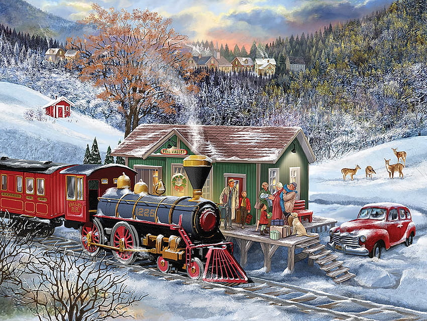Pine Valley Railway Station, painting, snow, station, tracks, engine, train, steam, winter, car, deer HD wallpaper