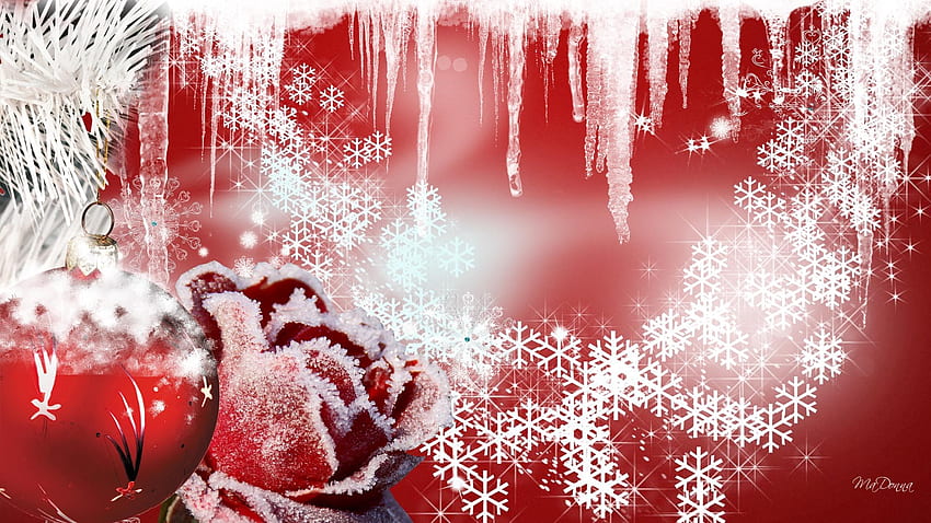 Cold Christmas Red, winter, icicle, frost, feliz navidad, firefox persona, cold, xmas, rose, flower, snow, ball, christmas, red, ice HD wallpaper
