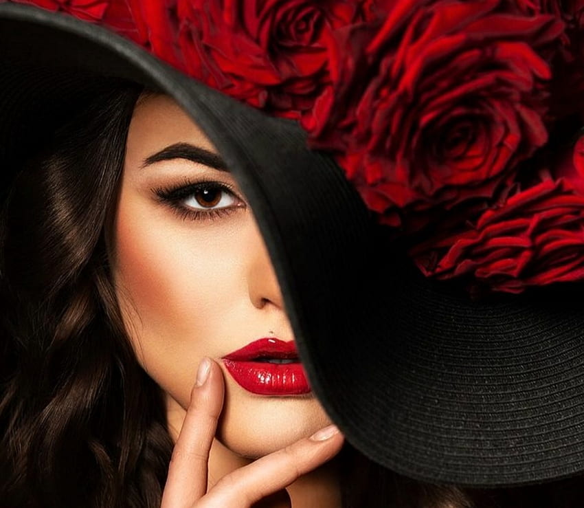 Beauty, black, model, girl, woman, red, face, lips, eye, hat HD wallpaper