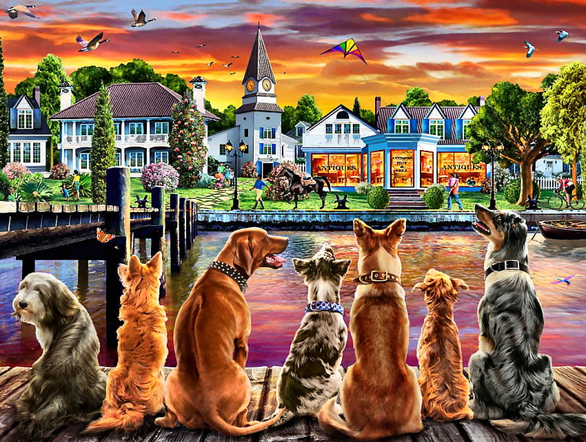 Dockside Dogs F, Fluss, Tier, Kunst, Hunde, schön, Illustration, Kunstwerk, Breit, Malerei, Haustiere, Hund HD-Hintergrundbild