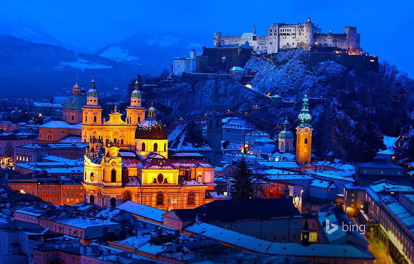 winter, snow, mountains, night, lights, castle, Salzburg Austria HD wallpaper