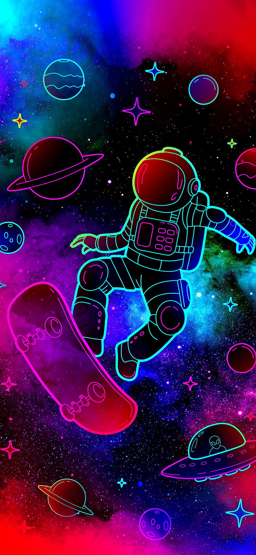 Astro Skate, sztuka, astronauta, planety, deskorolka Tapeta na telefon HD