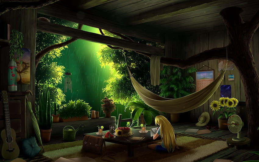 Anime Girl, Botanical Room, Studying, Raining, Tree, Blonde, Mood for MacBook Pro 15 inch HD wallpaper