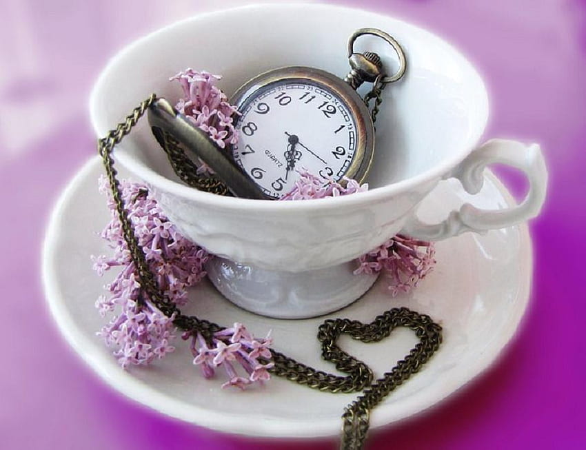 l'heure du thé, autres, temps, regarder, l'horloge, fleurs, tasse à thé Fond d'écran HD