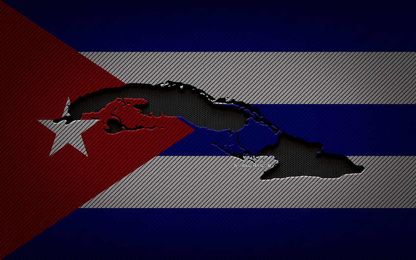 キューバの地図、北アメリカの国、キューバの国旗、青いカーボンの背景、キューバの地図のシルエット、キューバの国旗、北アメリカ、キューバの地図、キューバ、キューバの国旗 高画質の壁紙