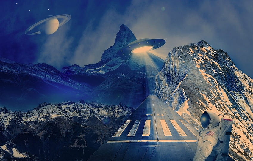 Strahlen, Landschaft, Berge, Planet, UFO, Astronaut, Fliegende Untertasse HD-Hintergrundbild
