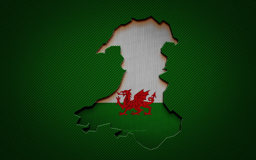 Carte du Pays de Galles, , Pays européens, drapeau gallois, fond de carbone vert, silhouette de carte du Pays de Galles, drapeau du Pays de Galles, Europe, carte galloise, Pays de Galles, drapeau du Pays de Galles Fond d'écran HD