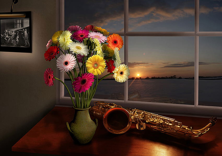 Malam untuk diingat, warna-warni, saksofon, , gantung, saksofon, musik, air, samudra, matahari terbenam, meja, putih, jendela, vas, indah, Jeruk, gerberas, merah muda, kuning, merah, romantis, bunga Wallpaper HD
