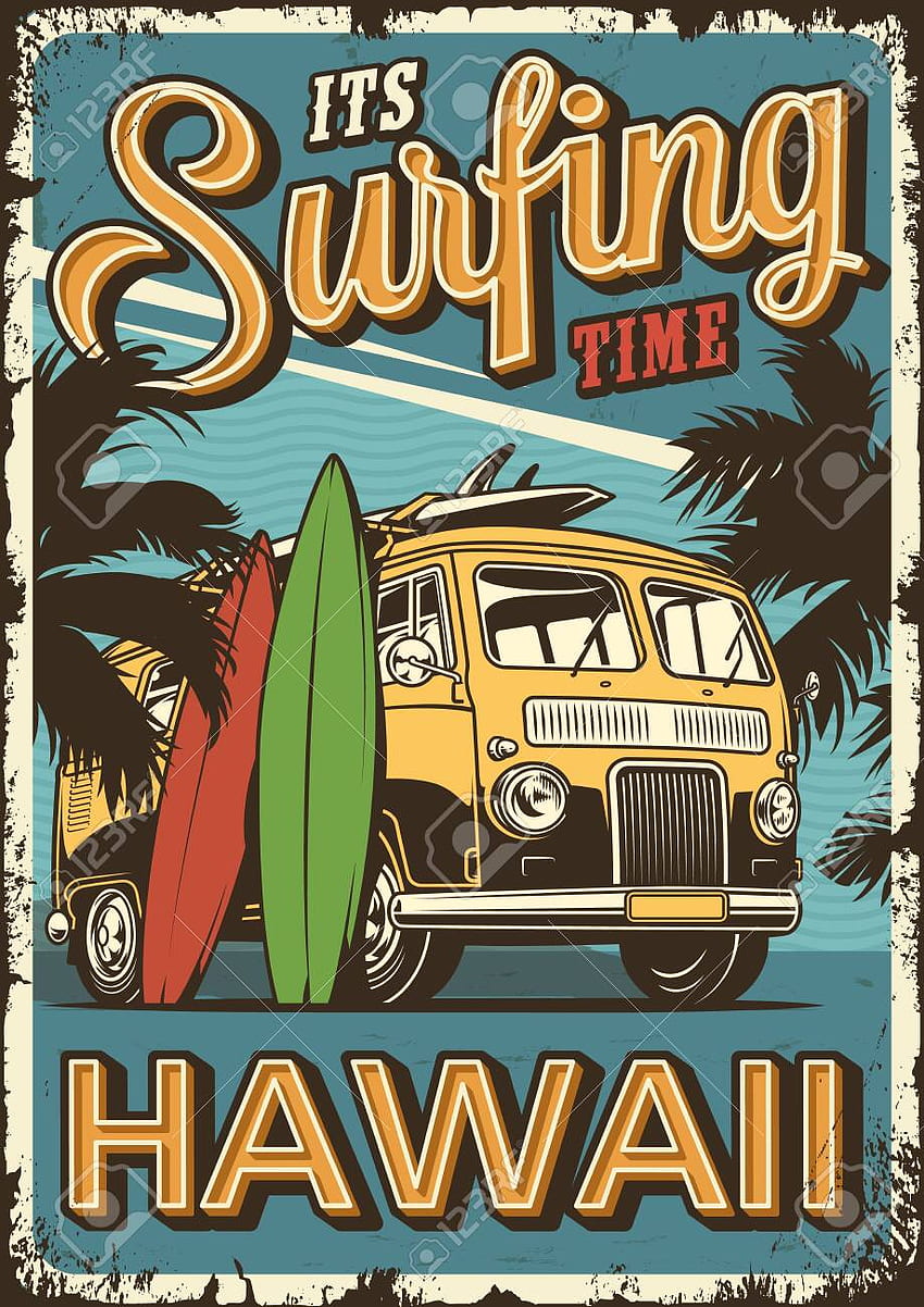 Vintage kolorowy plakat surfingowy z palmami Surf Van i [] na telefon komórkowy i tablet. Przeglądaj kolorowe deski surfingowe. Kolorowe Tło, Tło Kolorowe, Kolorowe, Retro Surf Art Tapeta na telefon HD