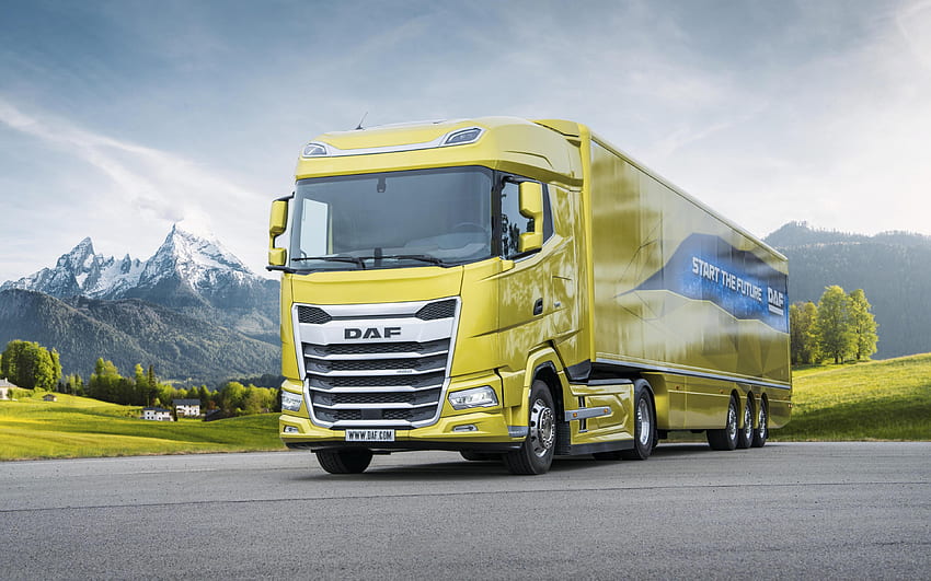 、DAF XF、2021年、新しいトラック、運送、貨物配送、新しい黄色のDAF XF、最新のトラック、DAF 高画質の壁紙