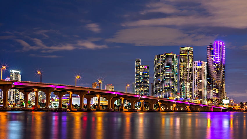 Miami USA Biscayne Bay Bridge Nacht Wolkenkratzer, Miami City HD-Hintergrundbild