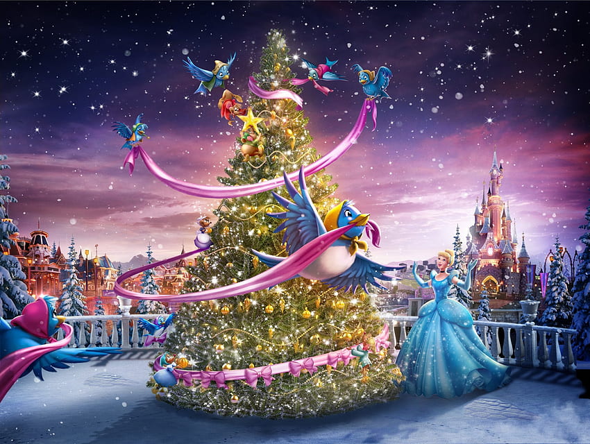 ¡Feliz Navidad!, azul, cenicienta, pájaro, craciun, pasare, disney, niña, árbol, rosa, fantasía, mágico, navidad, luminos, princesa fondo de pantalla