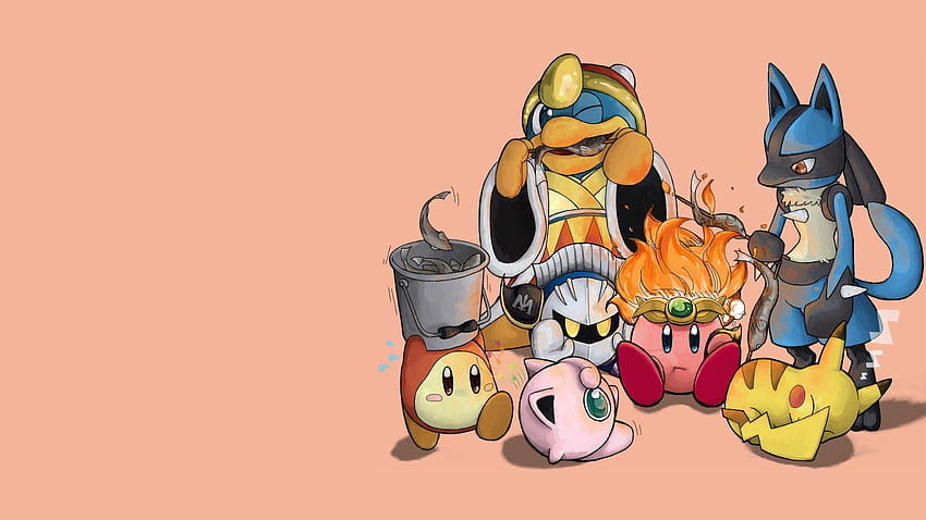 Kirby Pokemon videojuegos Pikachu King Dedede camping simple Lucario Jigglypuff Metaknight Super Smash Brothers Waddle Dee., Pikachu vs Lucario fondo de pantalla